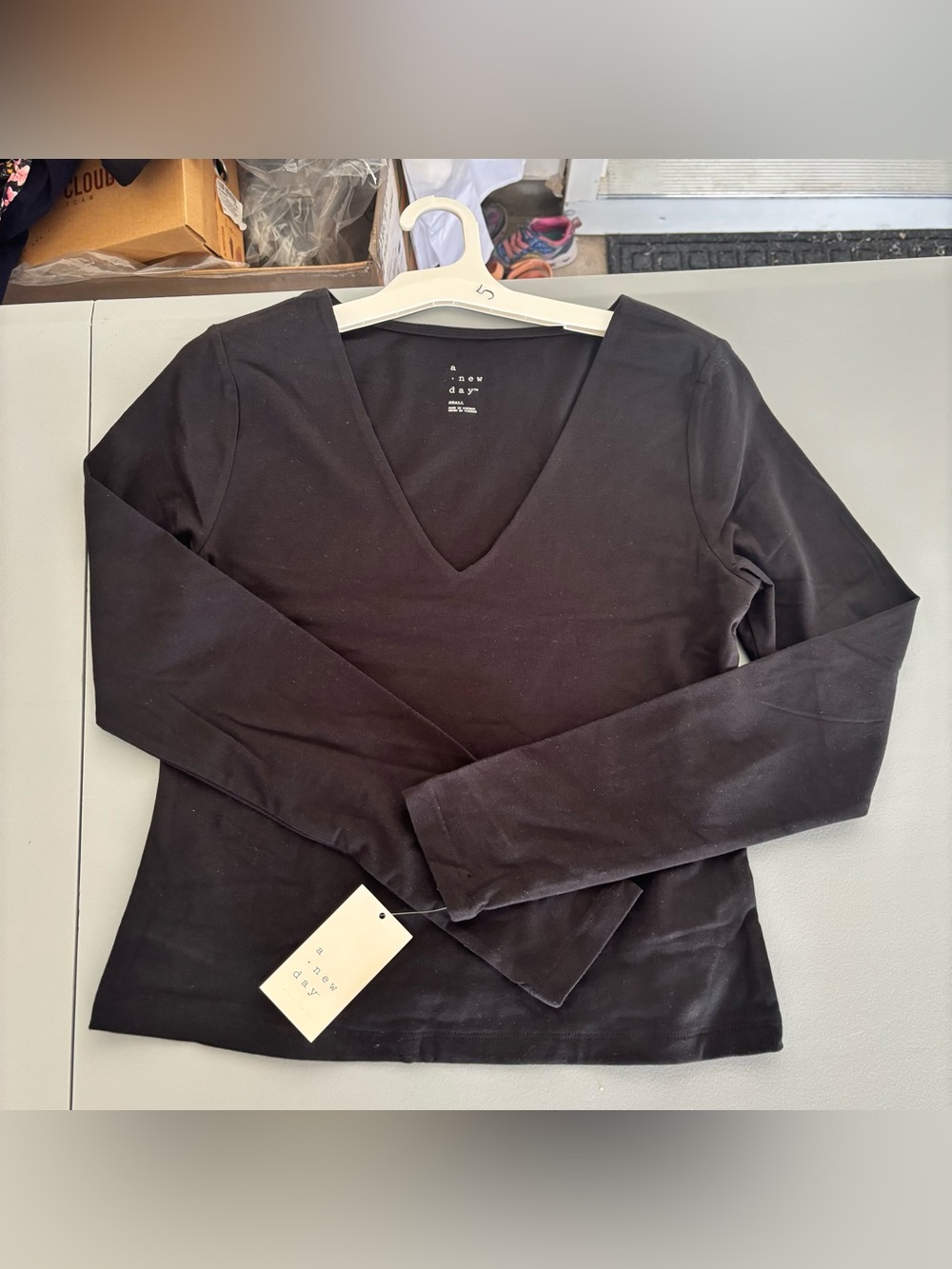 A New Day Women Soft Cotton V-neck long sleeve tops in Black Size Small